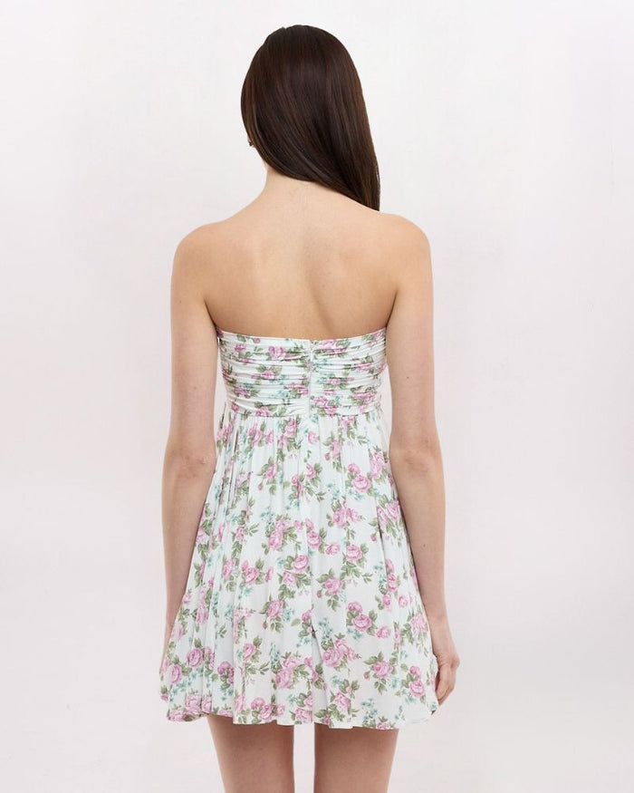 STRAPLESS KNOT DETAIL ROSES DRESS, PLUM FL