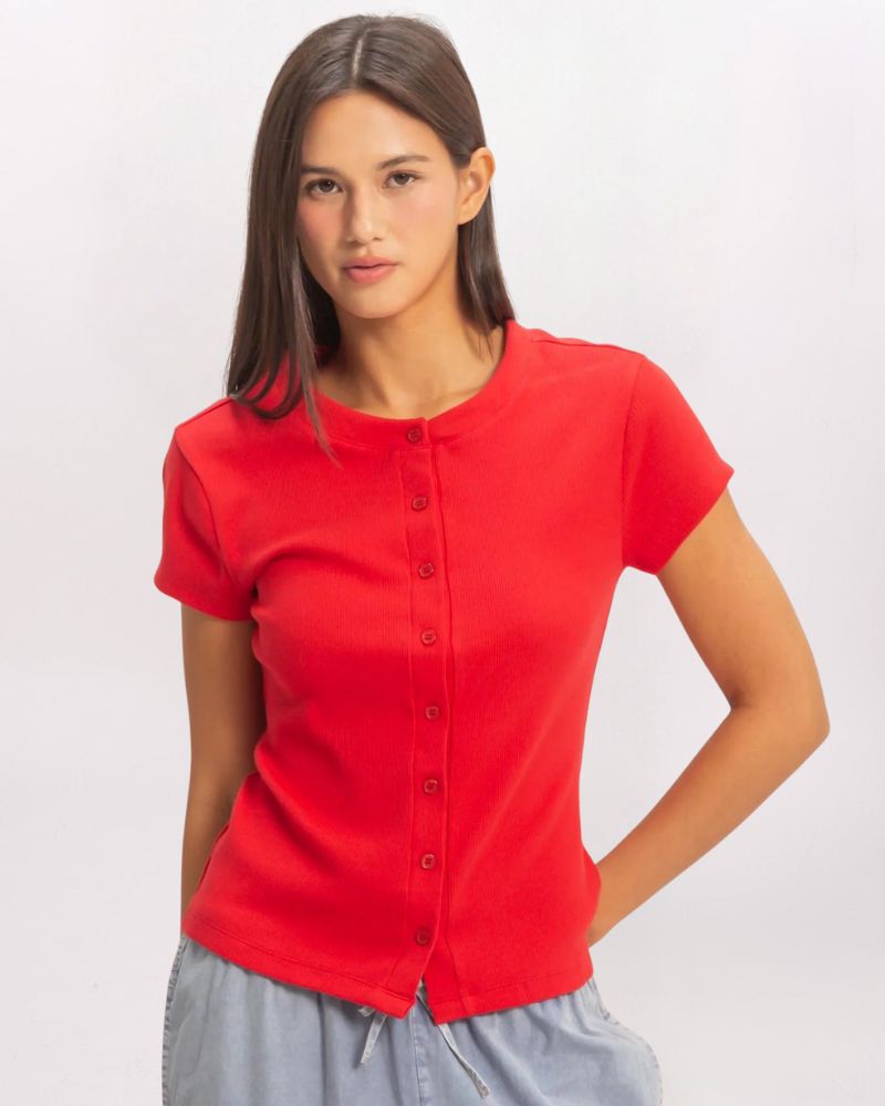 RIBBED CARDIGAN TOP, RED