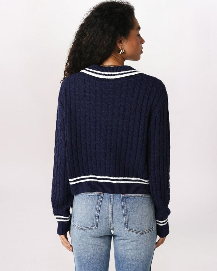 STRIPED CUFF DETAIL COLLARED SWEATER, NAVY/IVORY