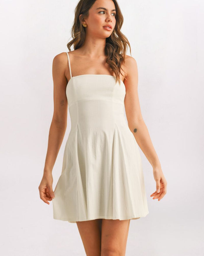 STRETCH LINEN MINI DRESS - OFF WHITE