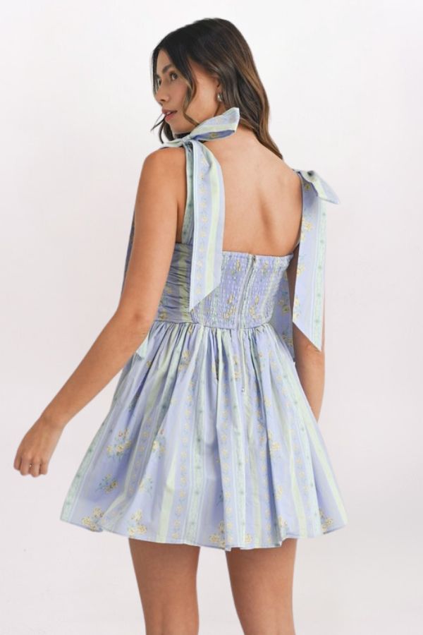FLORAL WALLPAPER TIE SHOULDER DRESS