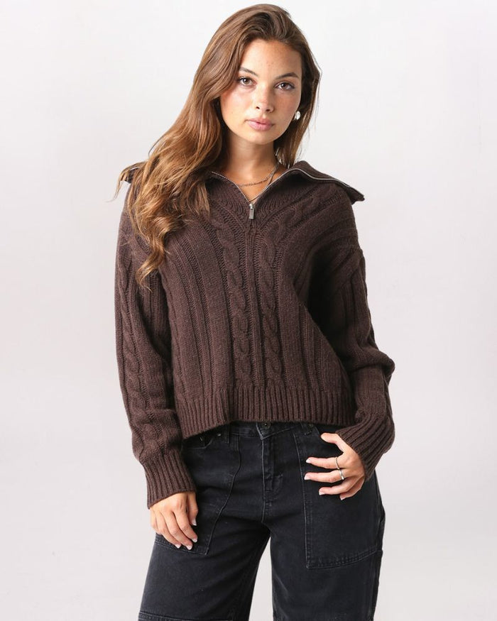 HALF ZIP CABLE COLLARED SWEATER, COFFEE BEAN