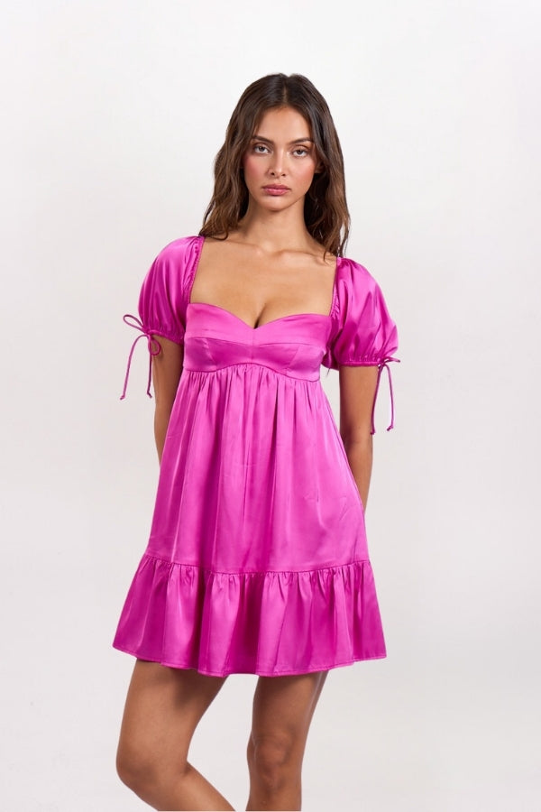 SATIN PUFF SLEEVE BABYDOLL DRESS - ROSE