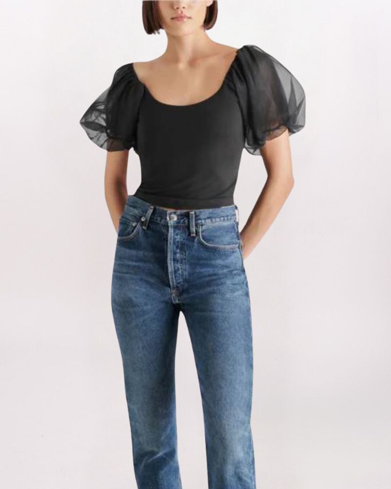 SS PUFF SLV PAMELA TOP, BLACK