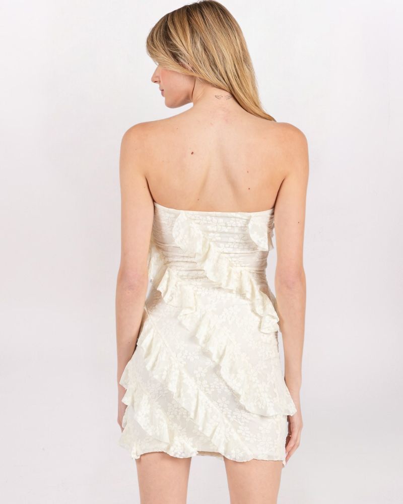 ASYMMETRIC RUFFLES LACE DRESS, OFF WHITE