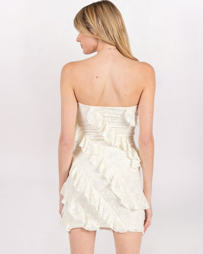ASYMMETRIC RUFFLES LACE DRESS, OFF WHITE