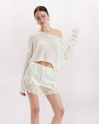 LACE HEM PULL ON SATIN SHORT, CREAM