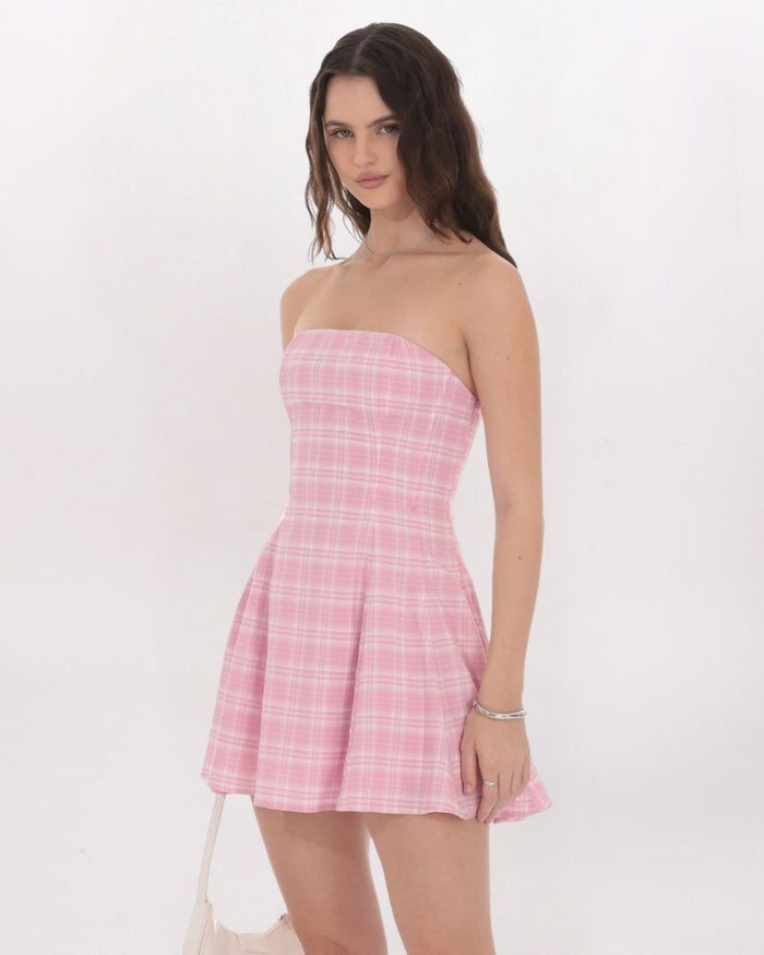 PLAID CORSET STRAPLESS DRESS, PINK