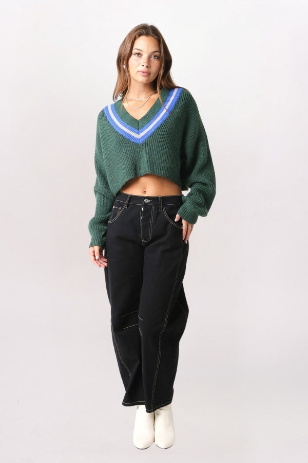 VARSITY CABLE V-NECK SWEATER