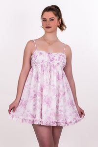 TOILE FLORAL RUFFLE HEM DRESS, PINK COTTON