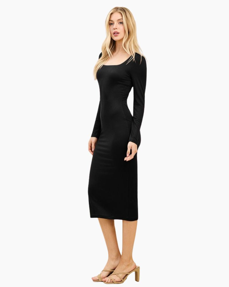 SQUARE NECK FITTED MIDI DRESS