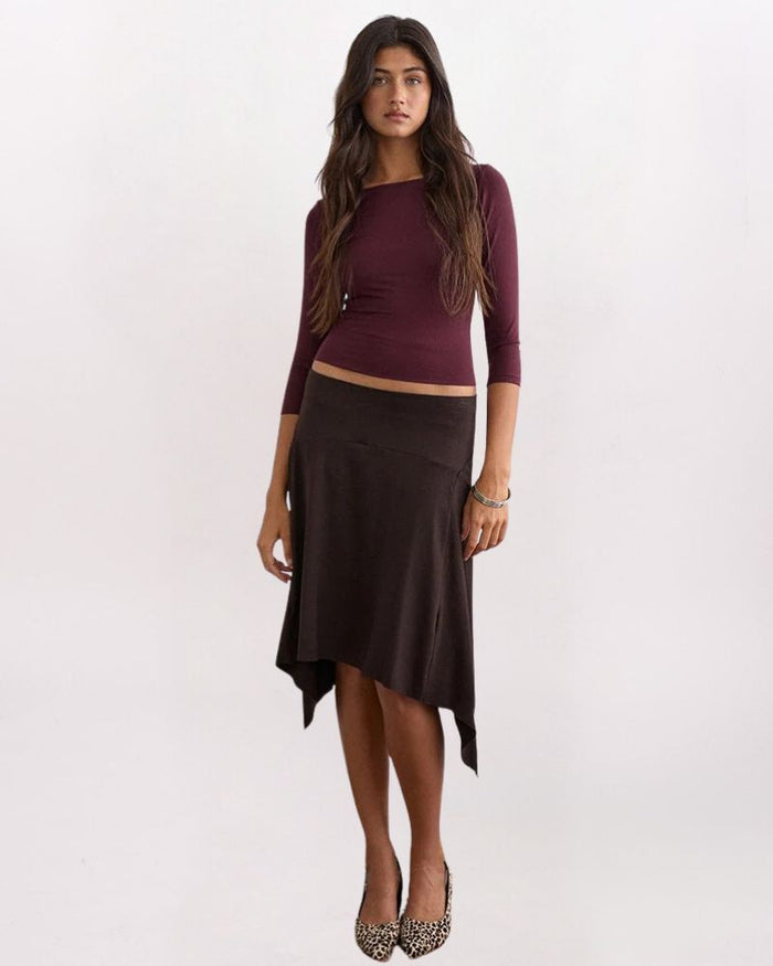 SHARKBITE HEM MIDI SKIRT, BROWN