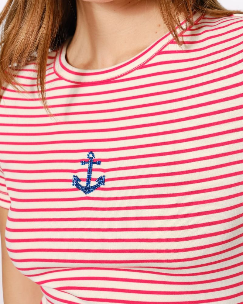 BEADED ANCHOR STRIPE TEE, RED/CREAM