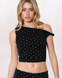 SL OFF SHLDR POLKA DOT TOP, BLACK/WHITE