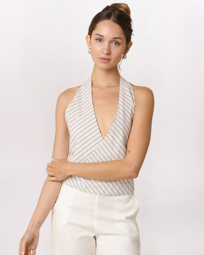 STRIPED SURPLICE HALTER TOP, BLUE