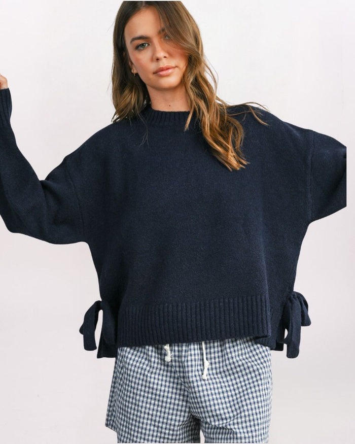 TIE SIDE COZY SWEATER, NAVY