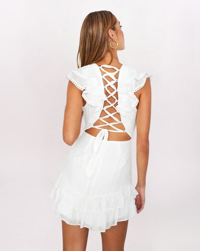 RUFFLED V-NECK LACE UP DRESS, WHITE