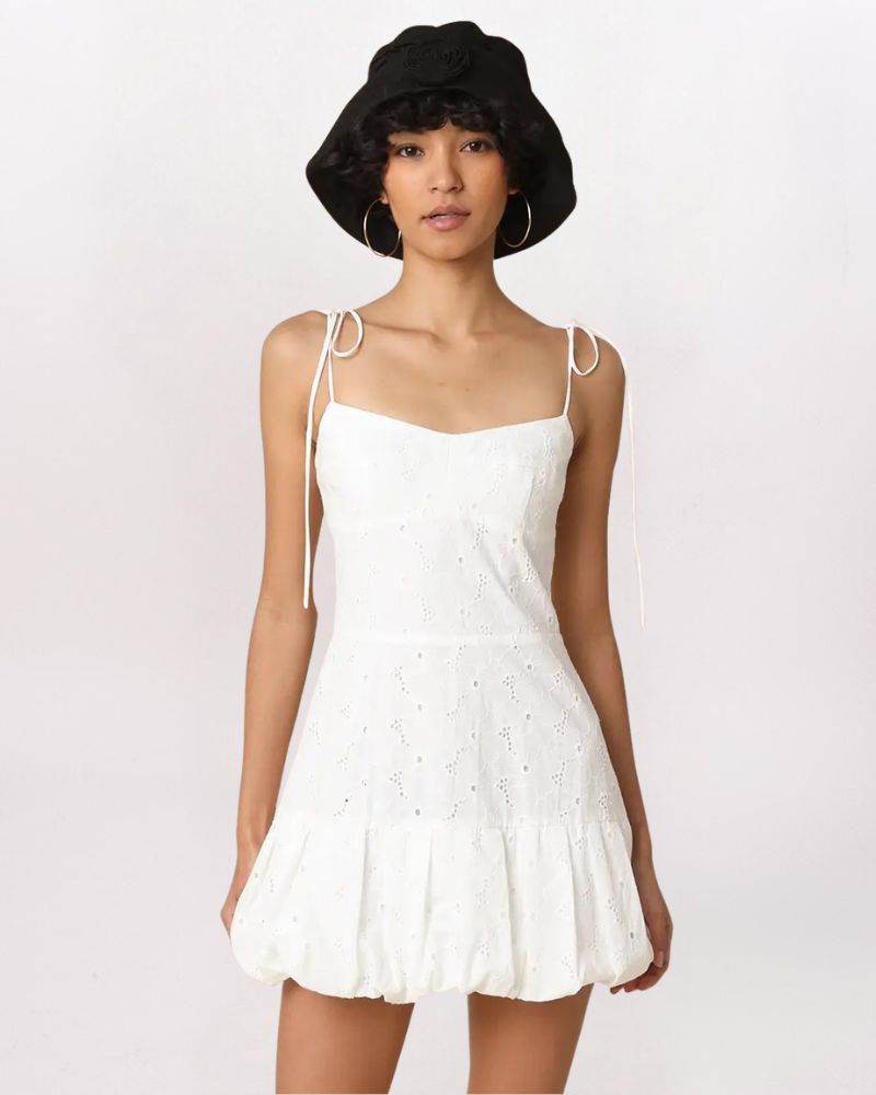 BUBBLE HEM TIE STRAP EYELET DRESS, WHITE