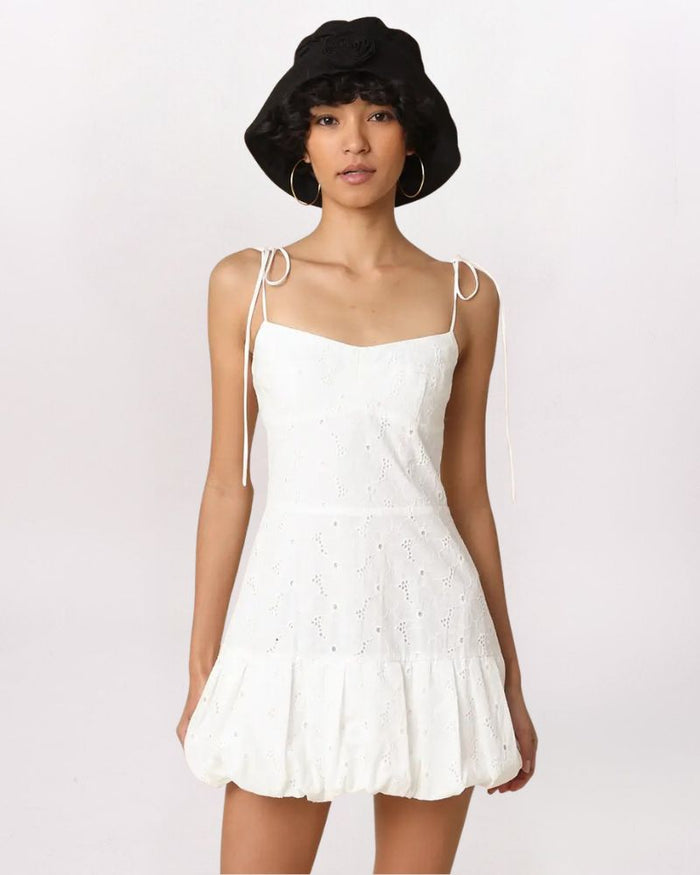 BUBBLE HEM TIE STRAP EYELET DRESS, WHITE