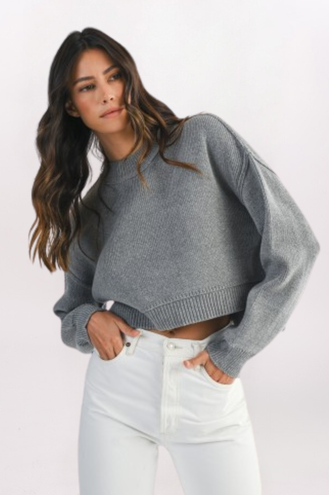 EXPOSED SEAMS CROP SWEATER - GREY