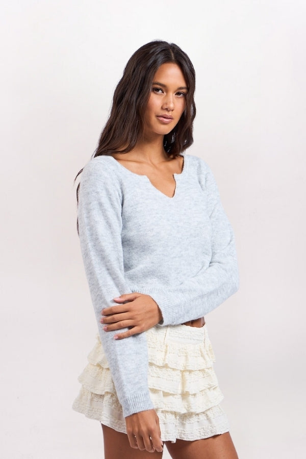 MARLED NOTCH NECK SWEATER - LIGHT GREY