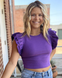 RUFFLE SHOULDER RIB TOP, PURPLE