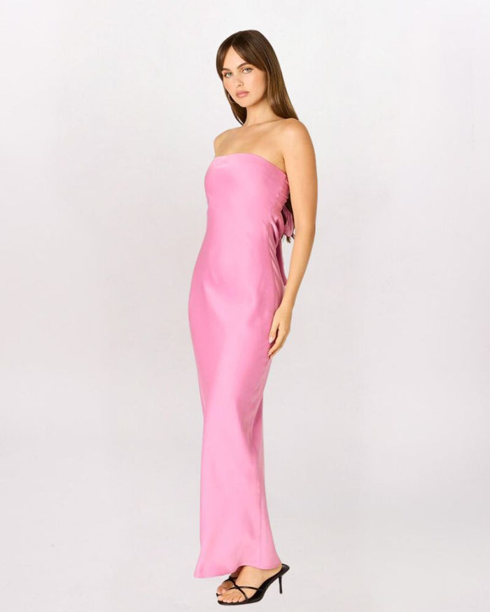 STRAPLESS TIE BACK DRAPE MAXI DRESS, PEONY PINK