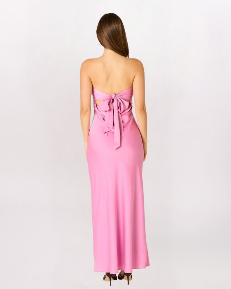 STRAPLESS TIE BACK DRAPE MAXI DRESS, PEONY PINK