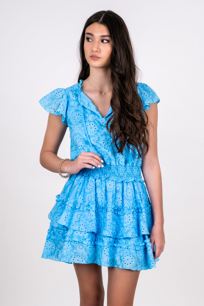 TIE DYE RUFFLE EYELET DRESS