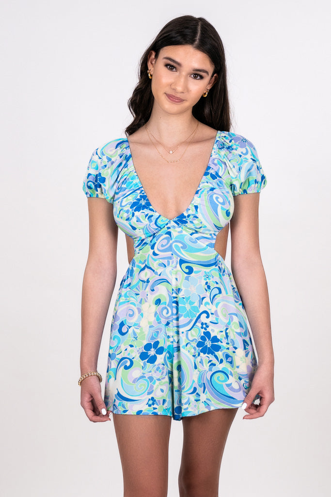 CUTOUT WAIST SWIRL PRINT ROMPER