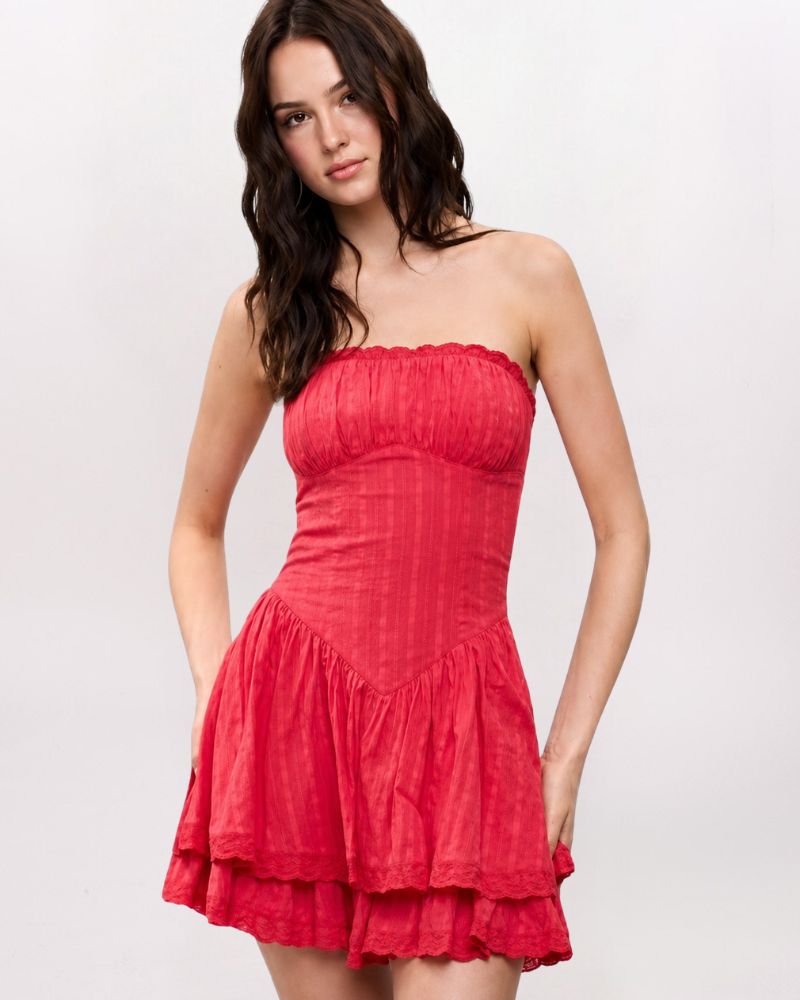 TEXTURED VERTICAL STRIPES V-SEAM DRESS, RED