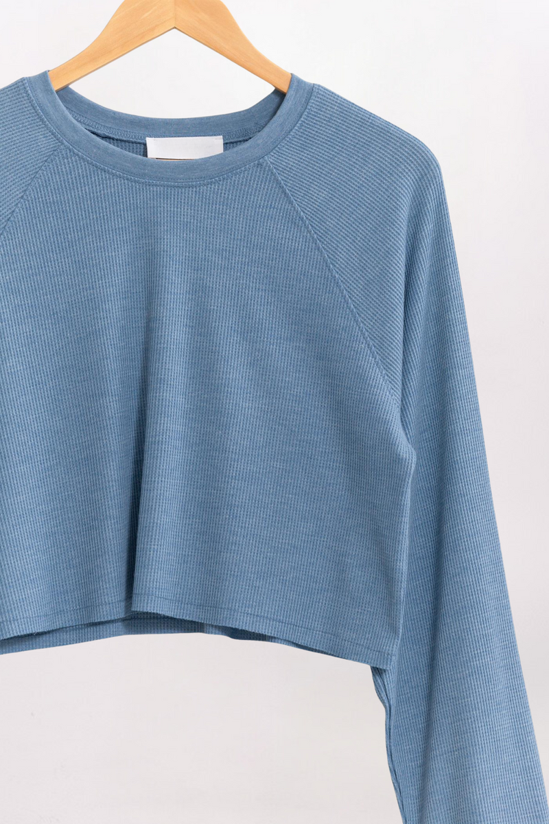 BOXY RAGLAN WAFFLE TEE - GRAY BLUE