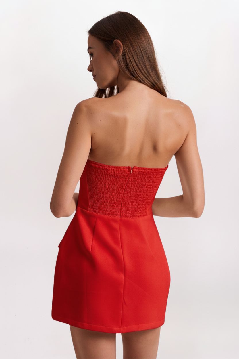STRAPLESS POCKET DETAIL MINI DRESS, POPPY RED