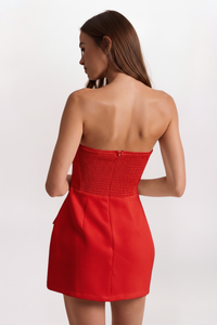 STRAPLESS POCKET DETAIL MINI DRESS, POPPY RED