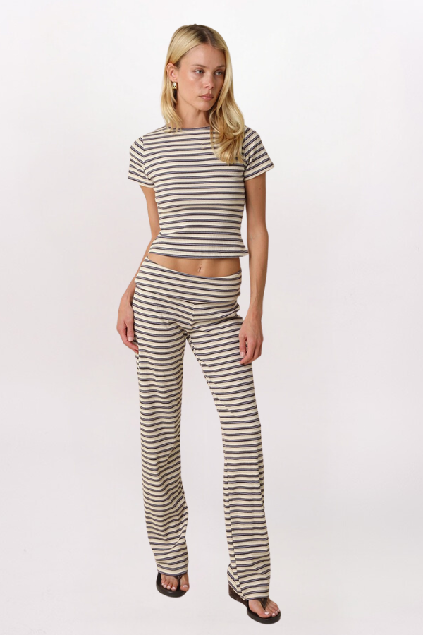 STRIPE TEE & FOLDOVER PANT SET, NAT BROWN