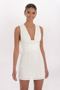 EYELET HALTER MINI DRESS, WHITE