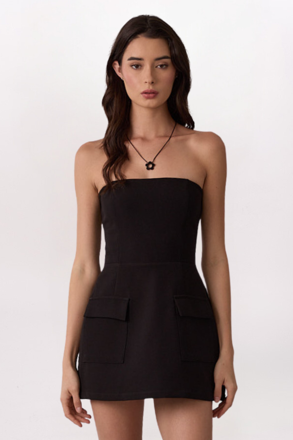STRAPLESS POCKET DETAIL MINI DRESS, BLACK