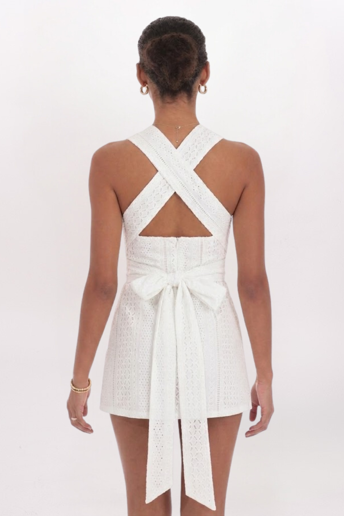 EYELET HALTER MINI DRESS, WHITE