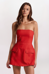 STRAPLESS POCKET DETAIL MINI DRESS, POPPY RED