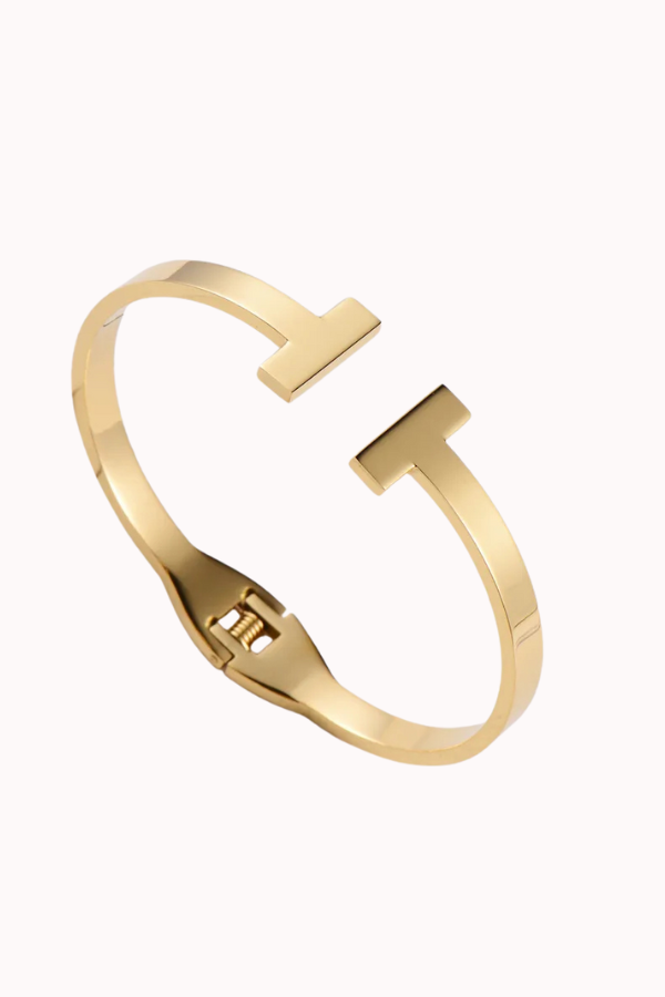 OPEN T BAR BANGLE - 18K GOLD PLATED STAINLESS STEEL