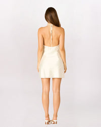 SATIN DRAPE HALTER DRESS, IVORY