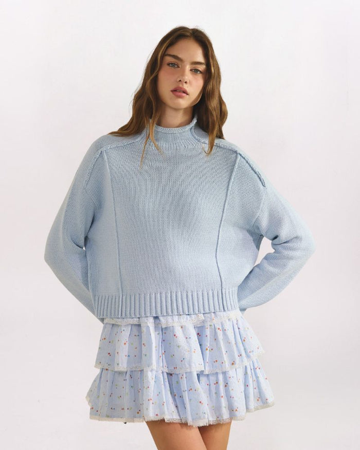 EXPOSED SEAM MOCK NECK SWEATER, BABY BLUE