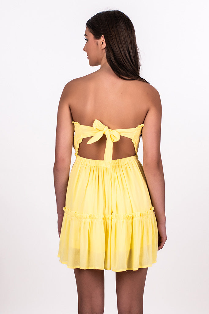 STRAPLESS SMOCK TOP TIE BACK DRESS, YELLOW