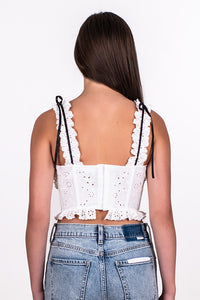 RIBBON TRIM EYELET BUSTIER TOP, WHITE