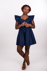 RUFFLE SLEEVE TIE BACK DRESS, NAVY