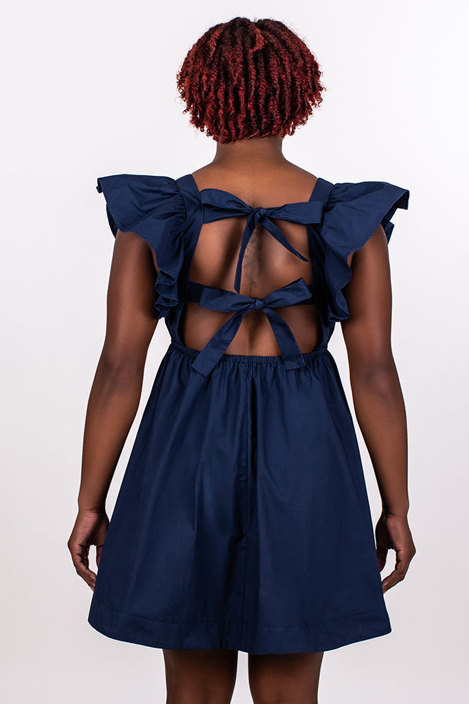 RUFFLE SLEEVE TIE BACK DRESS, NAVY