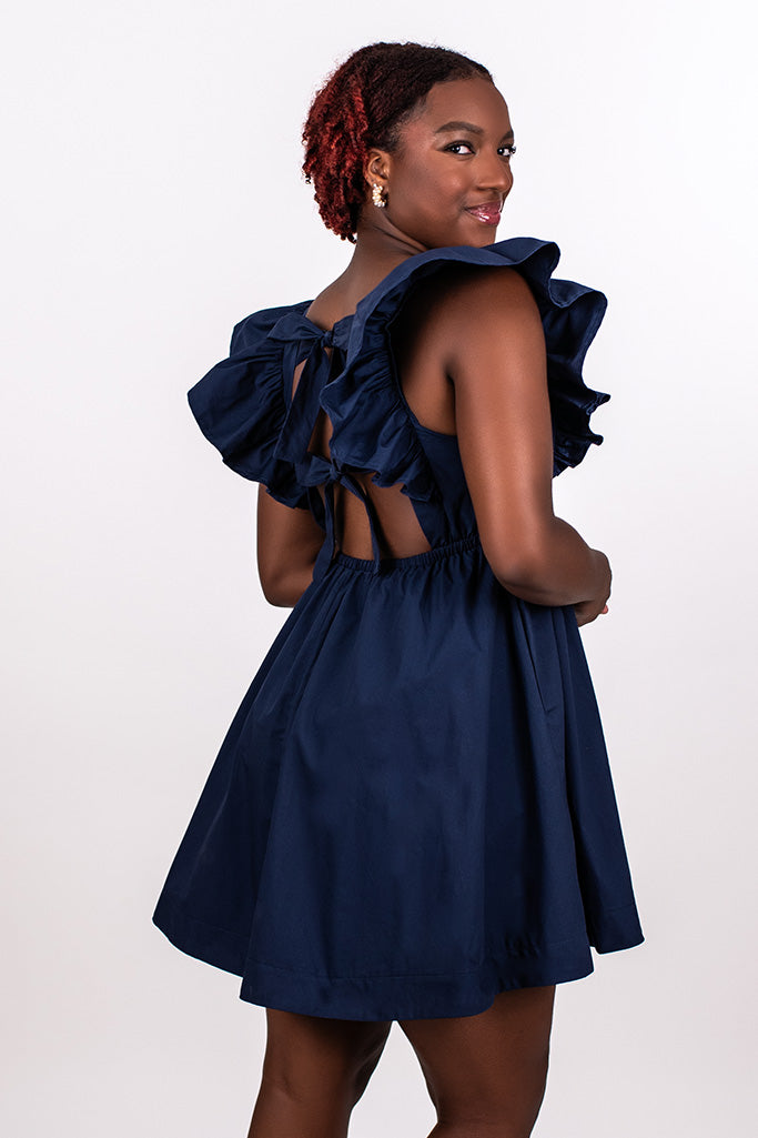 RUFFLE SLEEVE TIE BACK DRESS, NAVY