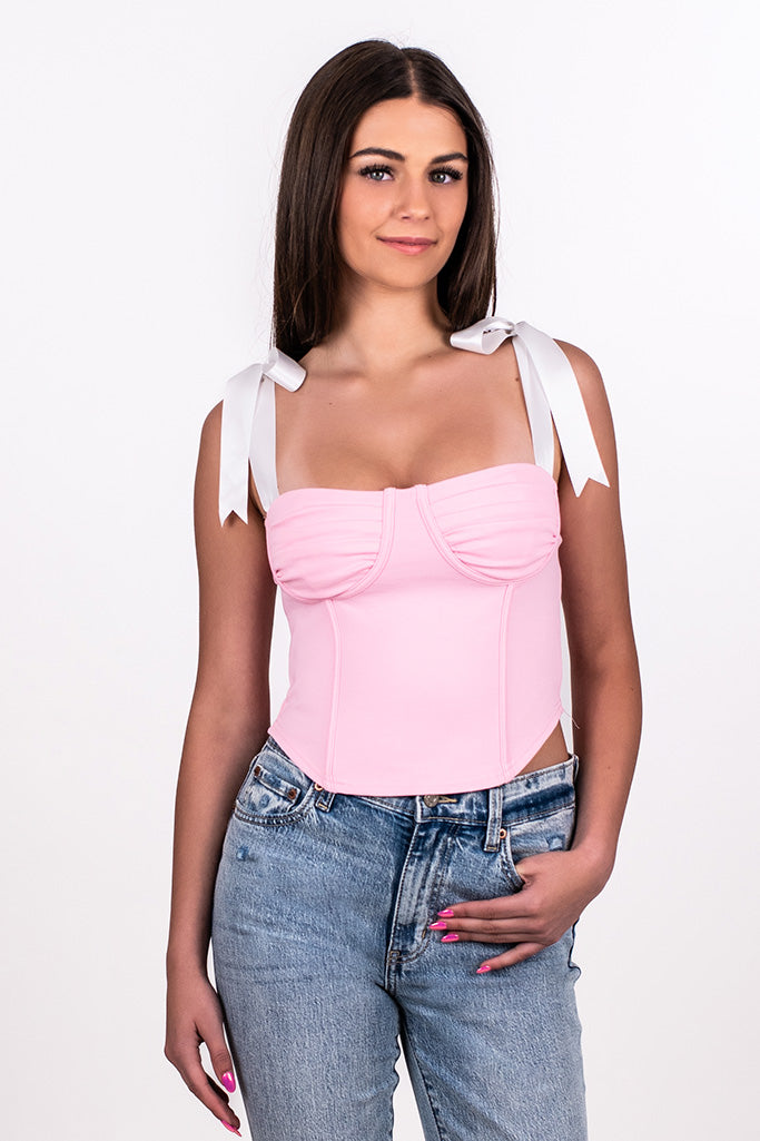 RIBBON TIES CORSET TOP, PINK