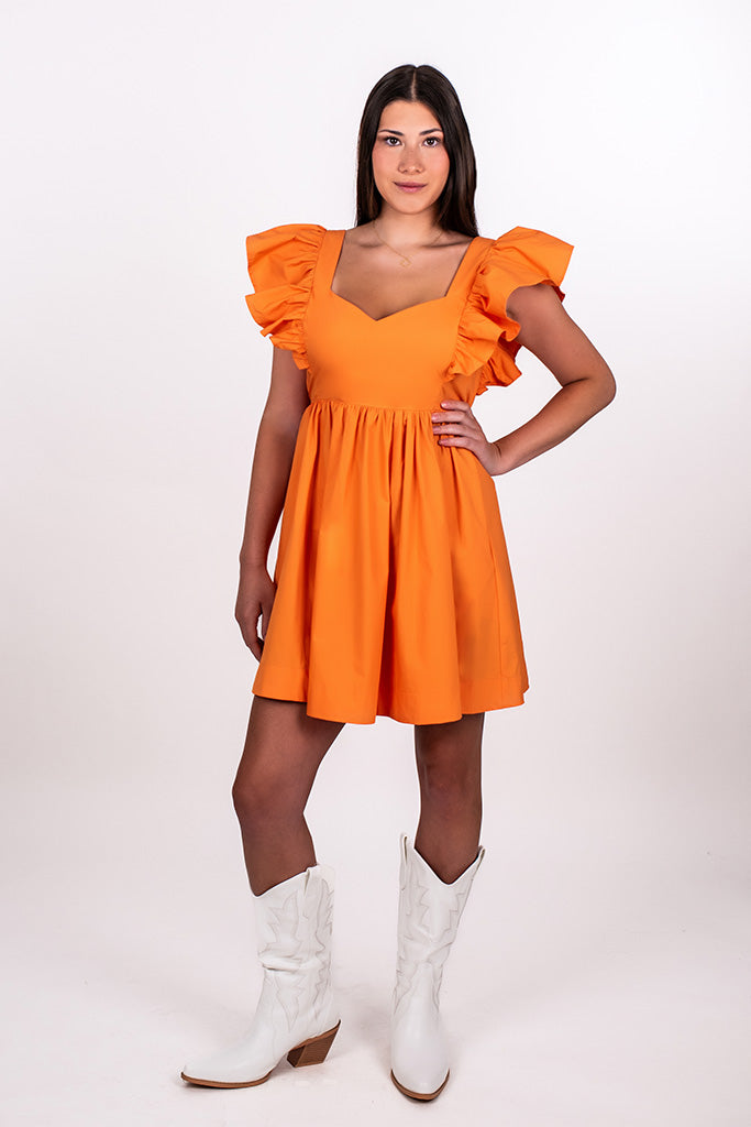 RUFFLE SLEEVE TIE BACK DRESS, TANGERINE