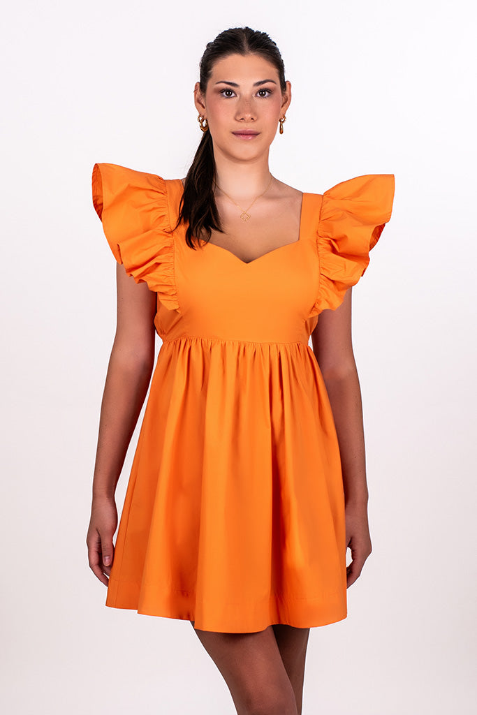 RUFFLE SLEEVE TIE BACK DRESS, TANGERINE